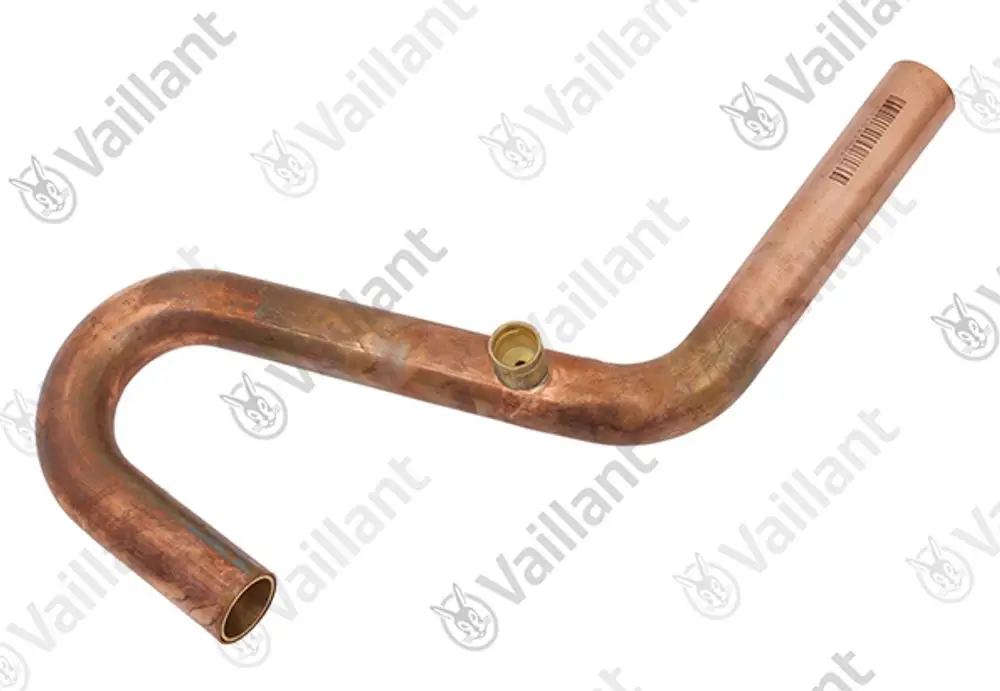Kupferrohr von Vaillant mit einer gebogenen Form und zwei offenen Enden. Eines der Enden hat ein Gewinde für die Verbindung.